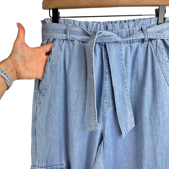 TGLA Light Wash Chambray Blue High Paperbag Waist Belted Cargo Pocket Joggers - Picture 6 of 10